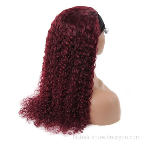 BIS 99j Burgundy Curly Human Hair Headband Wig 150%  Human Hair Wigs Red #99j Brazilian Human Hair Headband for Black Women